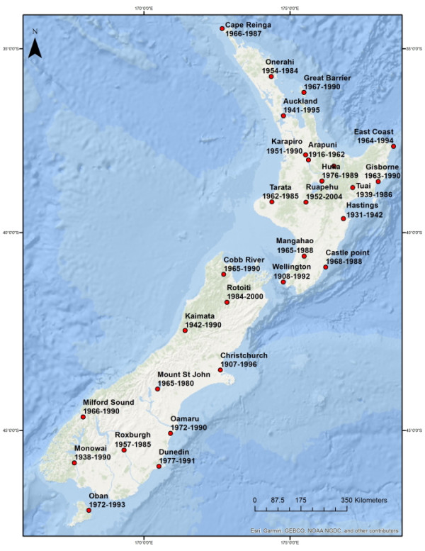 Map showing New Zealand Seismograph Network stations and duration of paper records held. Oban 1972-1993, Monowai 1938-1990, Dunedin 1977-1991, Roxburgh 1957-1985, Milford Sound 1966-1990, Mount St John 1965-1980, Kaimata 1942-1990, Christchurch 1907-1996, Rotoiti 1984-2000, Cobb River 1965-1990, Wellington 1908-1992, Castle Point 1968-1988, Mangahao 1965-1988, Tarata 1962-1985, Ruapehu 1952-1993, Hastings 1931-1942, Tuai 1939-1986, Gisborne 1963-1990, Huka 1976-1989, East Coast 1964-1994, Arapuni 1916-1962, Karapiro 1951-1990, Auckland 1941-1995, Great Barrier 1967-1990, Onerahi 1954-1984, Cape Reinga 1966-1987