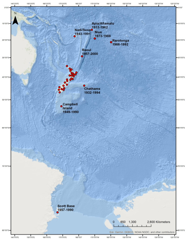 Map showing locations of Pacific seismograph stations formerly operated by New Zealand and duration of paper records held. Scott Base 1957- 1990, Campbell Island 1949-1990, Chathams Island 1932-1994, Raoul 1957-2000, Rarotonga 1966-1992, Niue 1973-1988, Nadi/Suva 1943-1991 , Apia/Afiamalu 1913-1962