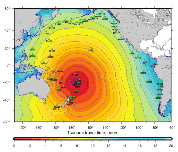Figure 1. DART stations and theoretical tsunami travel time map