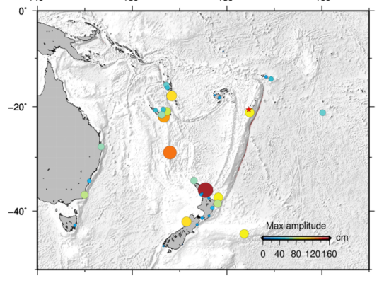 Figure 5. Maximum wave amplitude recorded at coastal gauges around the South West Pacific on 15 January 2022.