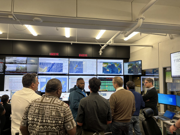 Workshop attendees from Fiji, Tonga, Australia, French Polynesia and Germany talk about how the National Geohazard Monitoring Centre performs its part in our hazard monitoring system.