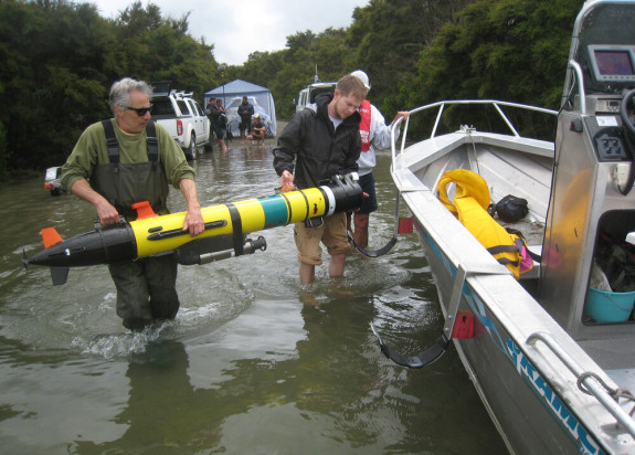 Launching robotic underwater vehicle Lake Rotomohana