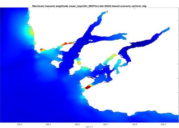 Simulated maximum water depth resulting from the tsunami triggered by the 25 March 2025 earthquake in south Fiordland, after 7 hours of wave propagation.