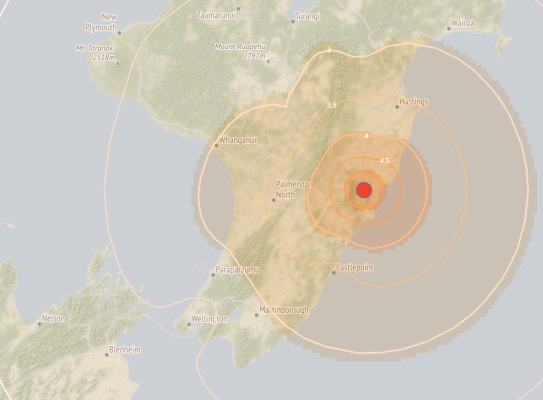 Shaking Layers map M5 v2.4 earthquake 5 km west of Porangahau 26 April 2023
