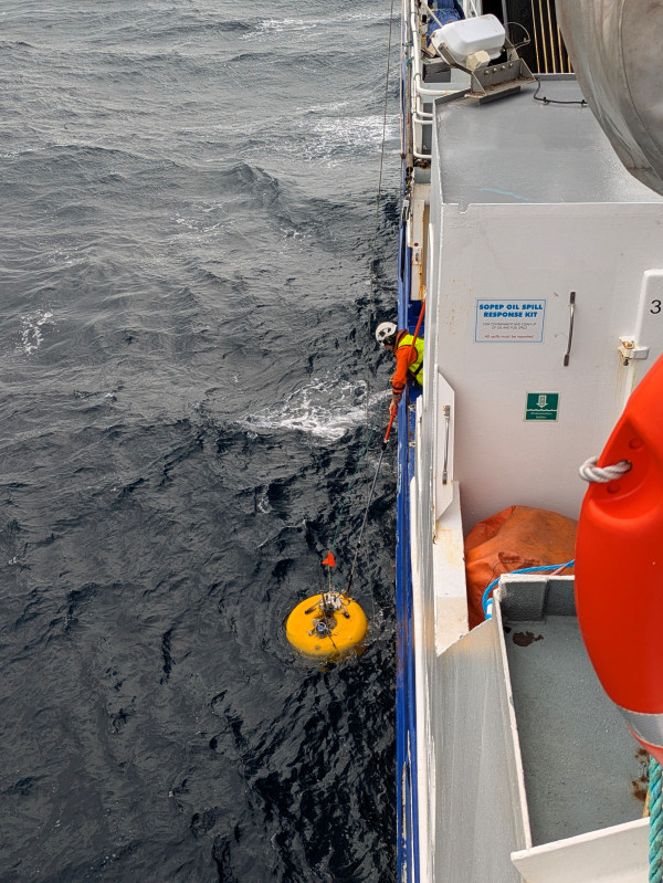 an OBS being brought onboard the Tangaroa after surfacing from a year on the seafloor