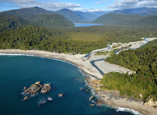 Mouth of Whakapohai River. Lake Moeraki in the distance, West Coast