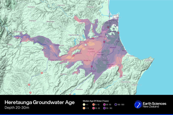 Median age of groundwater in the Heretaunga Plains Aquifer at a depth of 20 30m. Credit Earth Sciences New Zealand