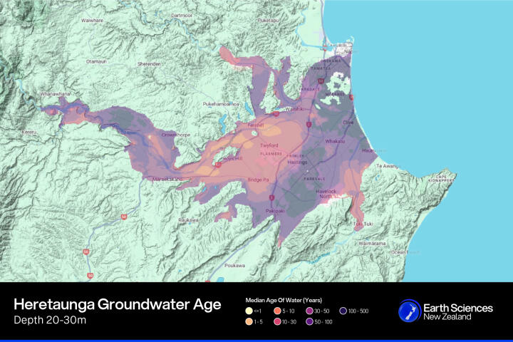 Median age of groundwater in the Heretaunga Plains Aquifer at a depth of 20 30m. Credit Earth Sciences New Zealand