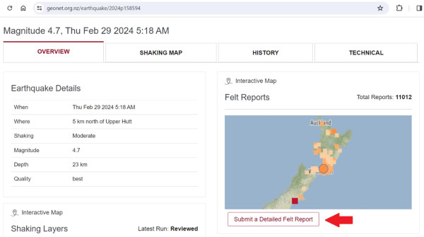 Earthquake felt report button