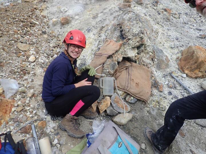 Ery Hughes taking volcano samples around Tongariro volcano
