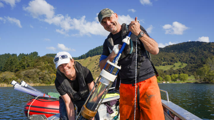 Project co leads Dr Marcus Vandergoes GNS Science and Dr Susie Wood collect a sediment core. 2